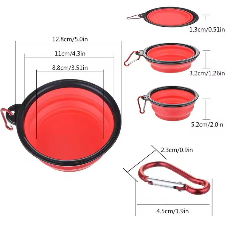 Red collapsible dog bowl with measurements on a white background