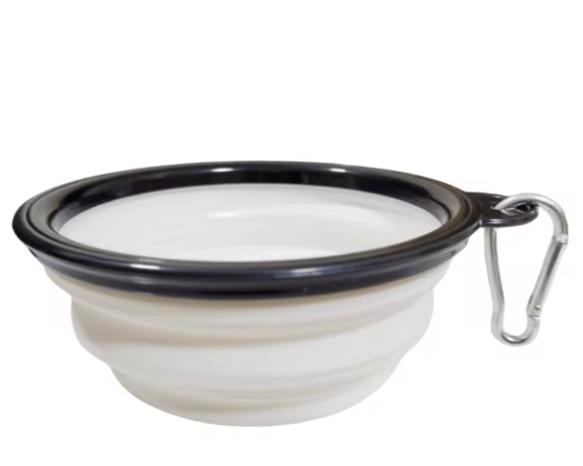 Collapsible white dog bowl with black rim and carabiner on a white background