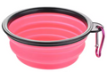 Pink collapsible bowl with black rim and carabiner on a white background