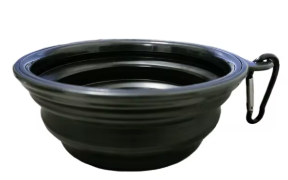 Black collapsible dog bowl with a carabiner on a white background