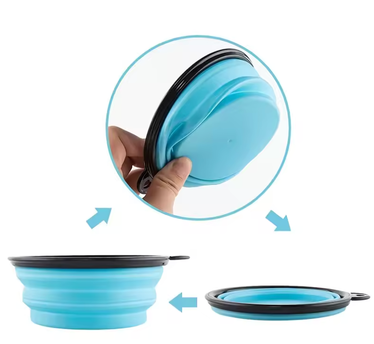 Collapsible blue pet bowl with black rim, shown in different stages of being folded.