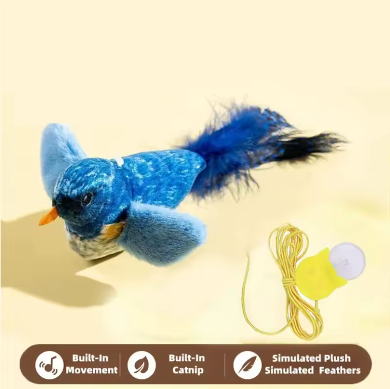 Blue plush toy with feather details on a beige background