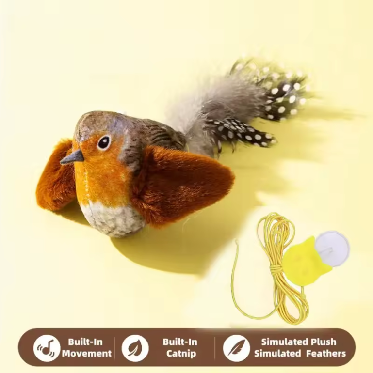 Plush toy resembling a bird with feathers and a string, on a yellow background.