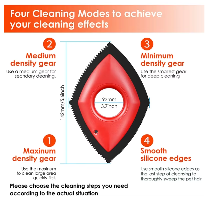 Cleaning tool with four cleaning modes and dimensions on a white background
