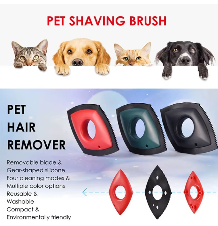 Pet hair removal product with images of pets and text describing features.