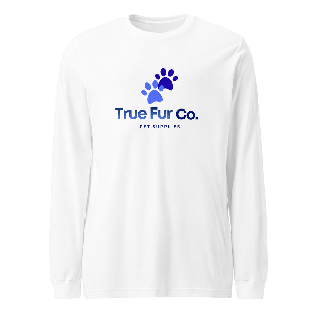 White long-sleeve shirt with True Fur Co. logo on a white background