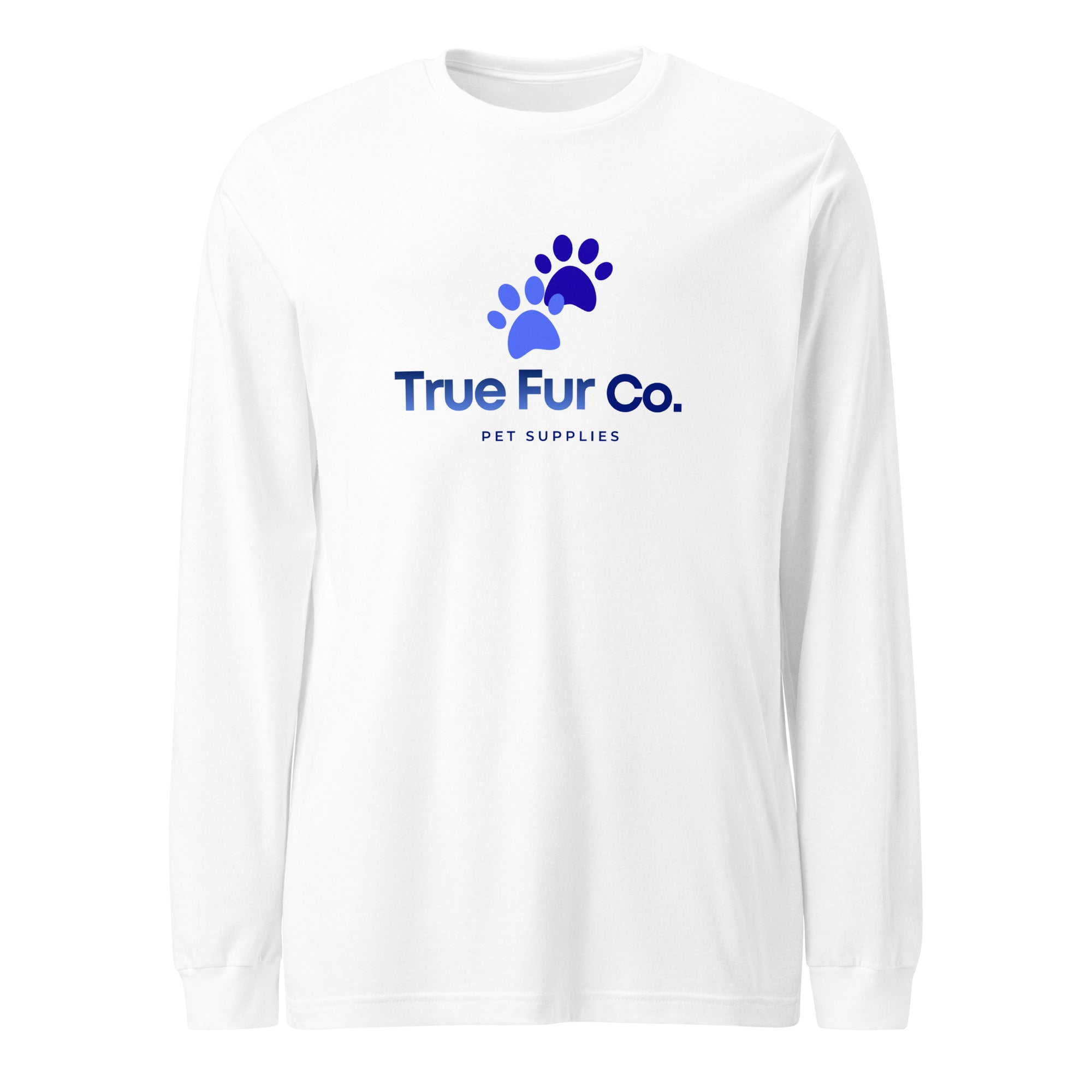 White long-sleeve shirt with True Fur Co. logo on a white background