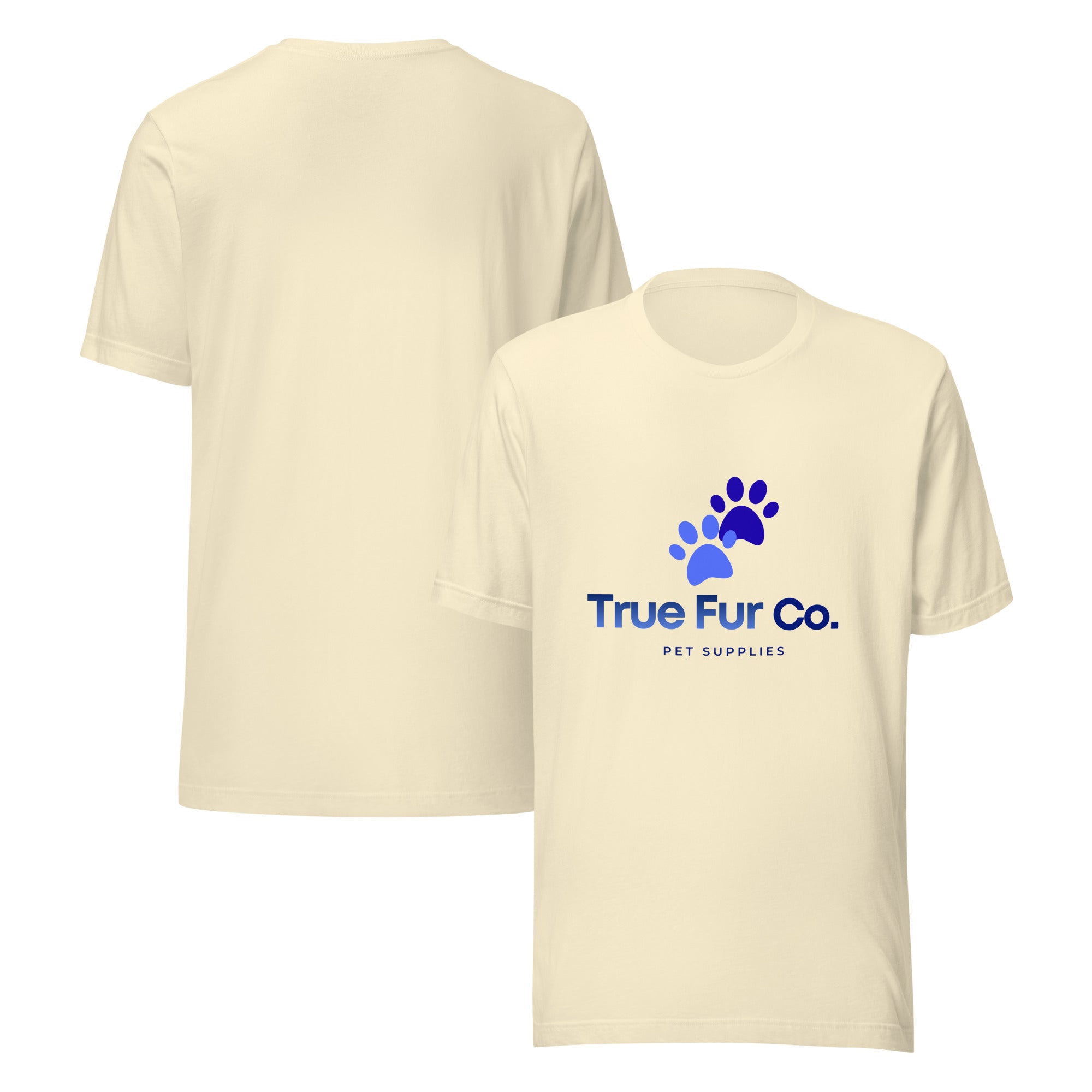 Beige t-shirt with 'True Fur Co.' logo on a white background