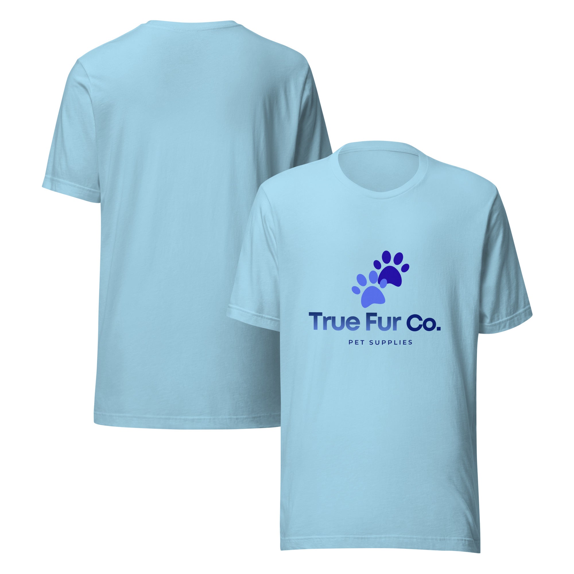 Light blue t-shirt with 'True Fur Co.' logo on a white background